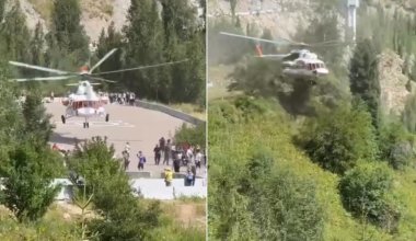 Экстремальный взлет вертолета сняли на видео в горах Алматы